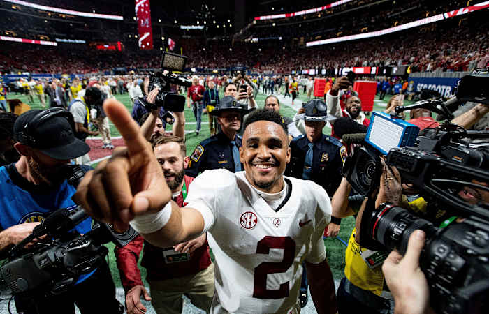 Alabama quarterback Jalen Hurts (2) after winning the SEC Championship Game at Mercedes Benz Stadium in Atlanta, Ga., on Saturday December 1, 2018. Hurts141